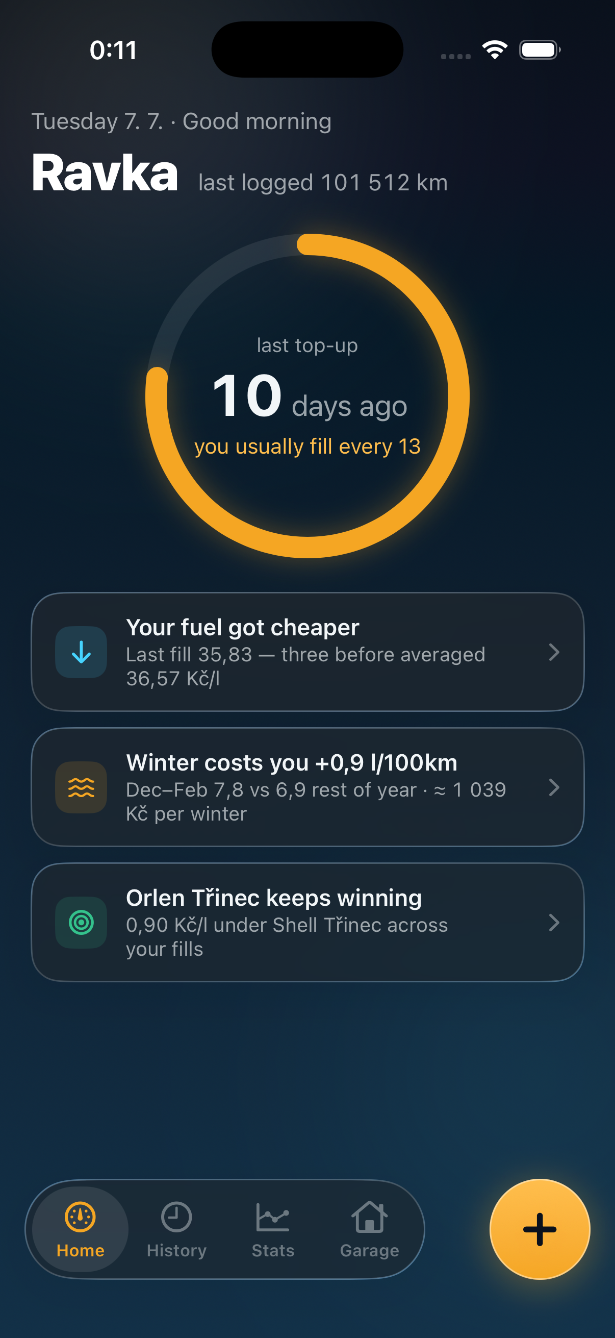 Juice home screen with fill-cadence ring and insights